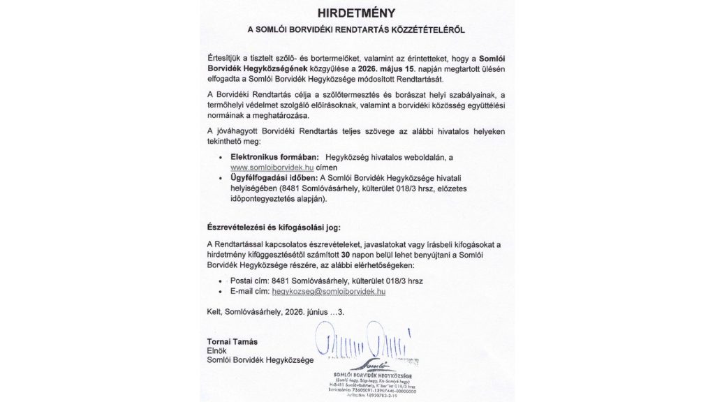 Hirdetmény - A Somlói Borvidéki Rendtartás közzététele